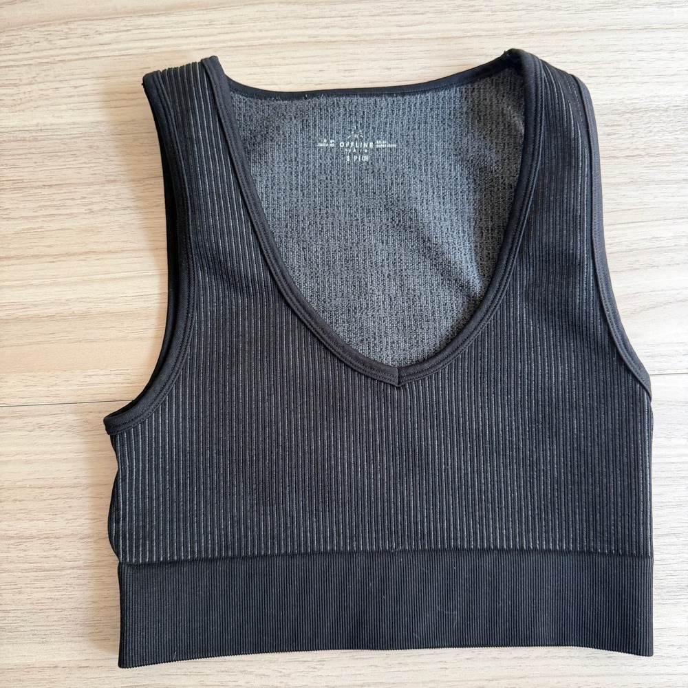 OFFLINE by Aerie Real‎ Me Seamless Ribbed V-Neck Crop Top Black S